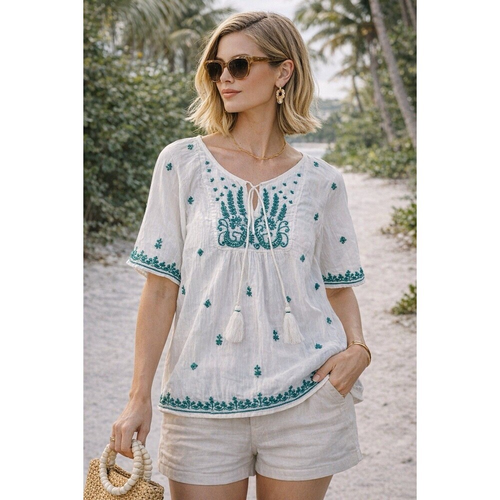 Soft Surroundings Oliana White Gauze Embroidered Boho Coastal Cottage Blouse PM